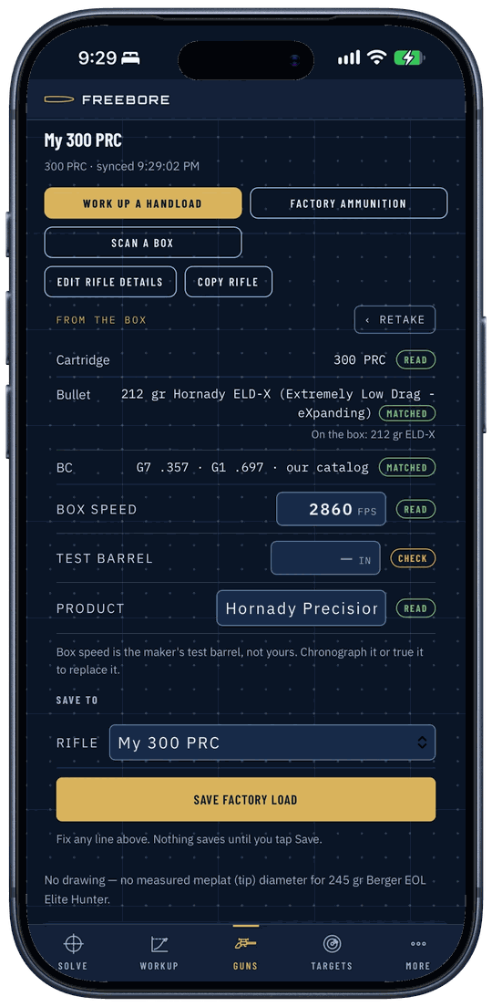 The Scan a box check screen on an iPhone after photographing a real Hornady Precision Hunter 300 PRC box: cartridge 300 PRC marked read, bullet 212 gr Hornady ELD-X marked matched, the BC from our catalog marked matched, box speed 2860 fps marked read, product Hornady Precision Hunter marked read, and test barrel blank and marked check
