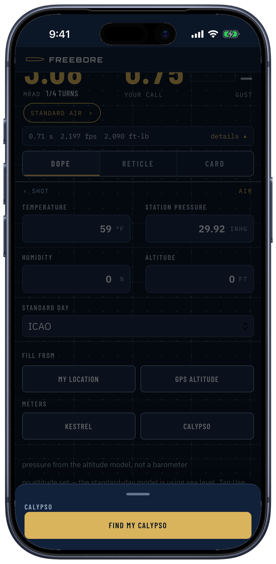 The Calypso sheet open over Solve's Air page on an iPhone, before any meter is paired: one Find my Calypso button under the Meters row