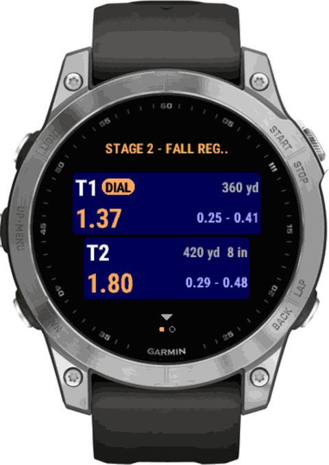 Freebore on a Garmin fenix: Stage 2 of Fall Regional, T1 to dial at 1.37 at 360 yards with wind 0.25 to 0.41, T2 1.80 at 420 yards with wind 0.29 to 0.48