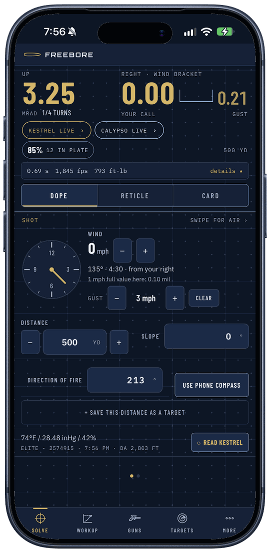 Solve on an iPhone with a Kestrel and a Calypso both following: Kestrel live and Calypso live chips under the answer, up 3.25 mrad at 500 yards, 74 °F, 28.48 inHg, 42% from the Kestrel Elite, density altitude 2,803 feet, and a Read Kestrel button