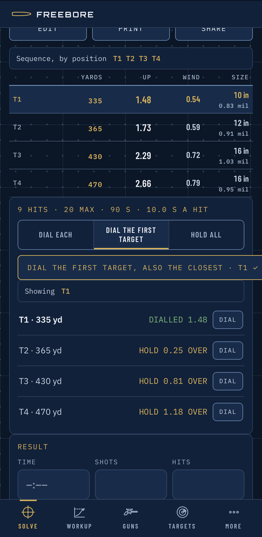 A match stage card on an iPhone: four targets T1 to T4 at 335, 365, 430 and 470 yards with up and wind for each, the dial-the-first-target mode selected, T1 dialed at 1.48 and holds of 0.25, 0.81 and 1.18 over for the other three, and an empty Result box