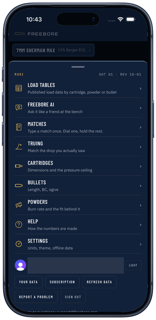 The More sheet on an iPhone: Load Tables, Freebore AI, Matches, Truing, Cartridges, Bullets, Powders, Help and Settings, then the account row with the name blacked out, a Light button, and Your data, Subscription, Refresh data, Report a problem and Sign out