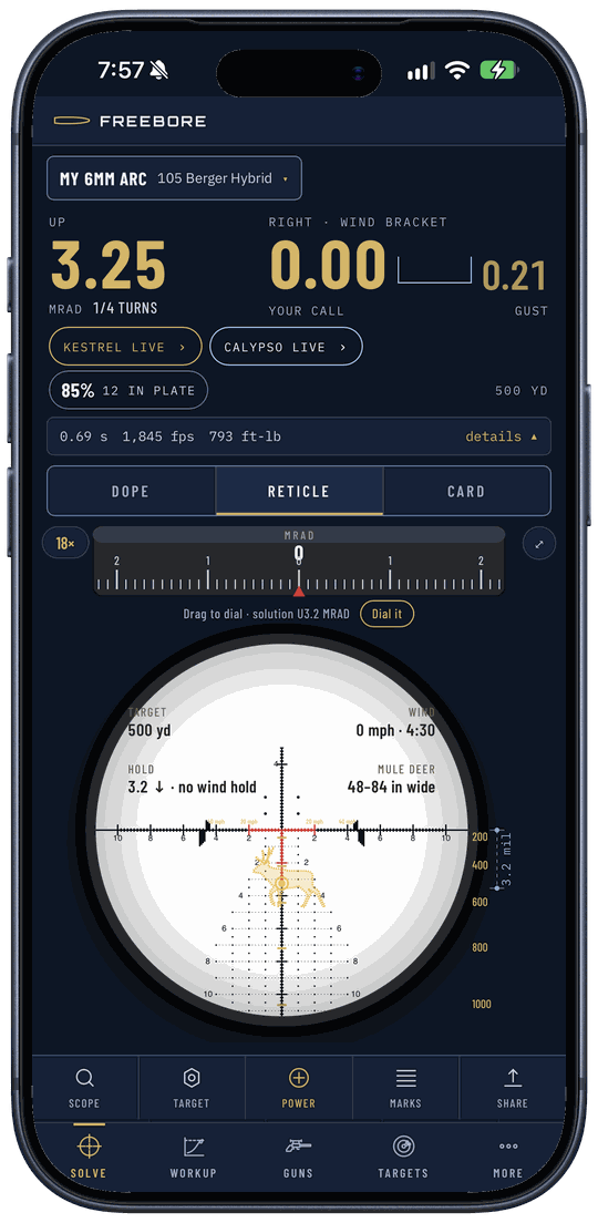 Reticle view on an iPhone for My 6mm ARC with a 105 Berger Hybrid: a mule deer drawn at 500 yards inside the reticle, hold 3.2 mils down with no wind hold, a dial strip above reading 3.2 mrad, and Scope, Target, Power, Marks and Share buttons below
