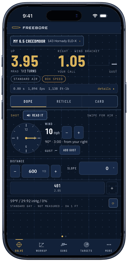 Solve on an iPhone for My 6.5 Creedmoor with a 143 Hornady ELD-X: up 3.95 mrad, half a turn, wind 1.05 right, standard air and box speed flags, wind 10 mph at 3 o'clock, distance 600 yards, 59 °F, 29.92 inHg, 0% humidity