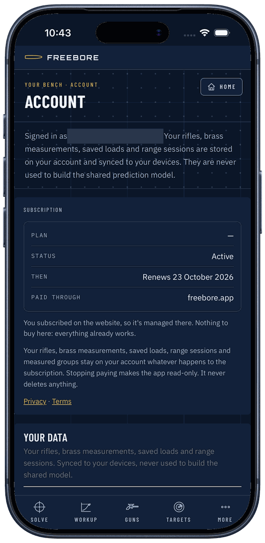 The Account screen on an iPhone with the email blacked out: subscription status Active, renews 23 October 2026, paid through freebore.app, and the note that stopping paying makes the app read-only and never deletes anything