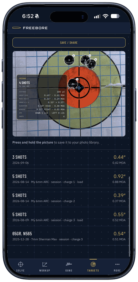 Targets on an iPhone: a photographed target with four marked holes and a card reading 4 shots at 100 yards, group 0.65 inch, 0.62 MOA, adjust down 1 click, then a list of saved groups from 0.39 to 0.92 inch