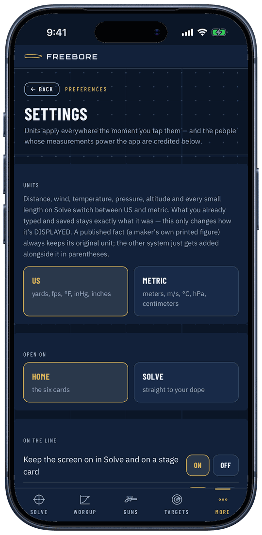 Settings on an iPhone: the Units block with US picked (yards, fps, °F, inHg, inches) next to Metric (meters, m/s, °C, hPa, centimeters), then Open on, Home or Solve, and On the line